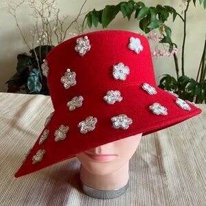 Elegant Red Wool Hat with Silver Sequined Beaded Floral Accents